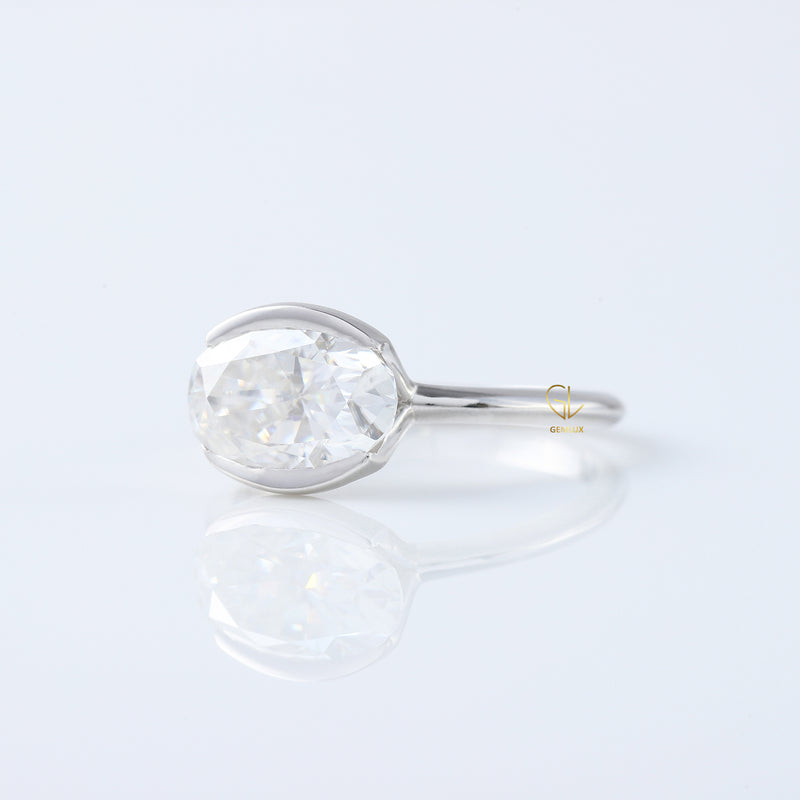Oval East West Moissanite Half Bezel Set Solitaire Ring