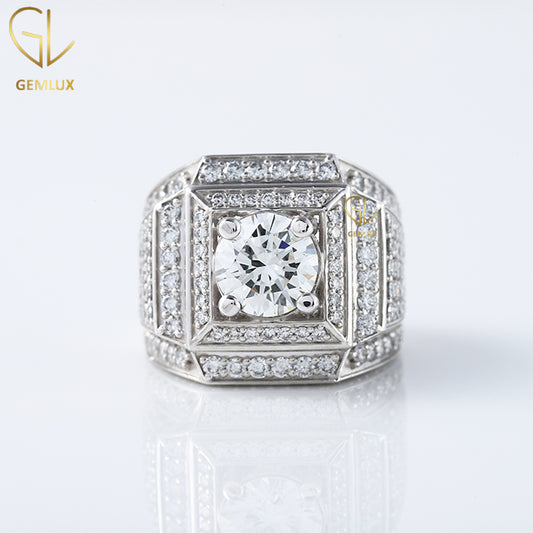 Round Cut Moissanite Diamond Square Design Wide Band Ring For Men, 14K White Gold Ring