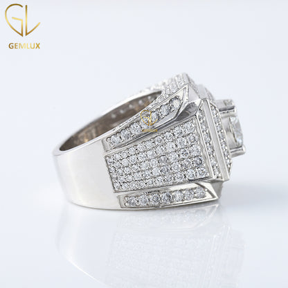 Round Cut Moissanite Diamond Square Design Wide Band Ring For Men, 14K White Gold Ring