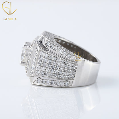 Round Cut Moissanite Diamond Square Design Wide Band Ring For Men, 14K White Gold Ring