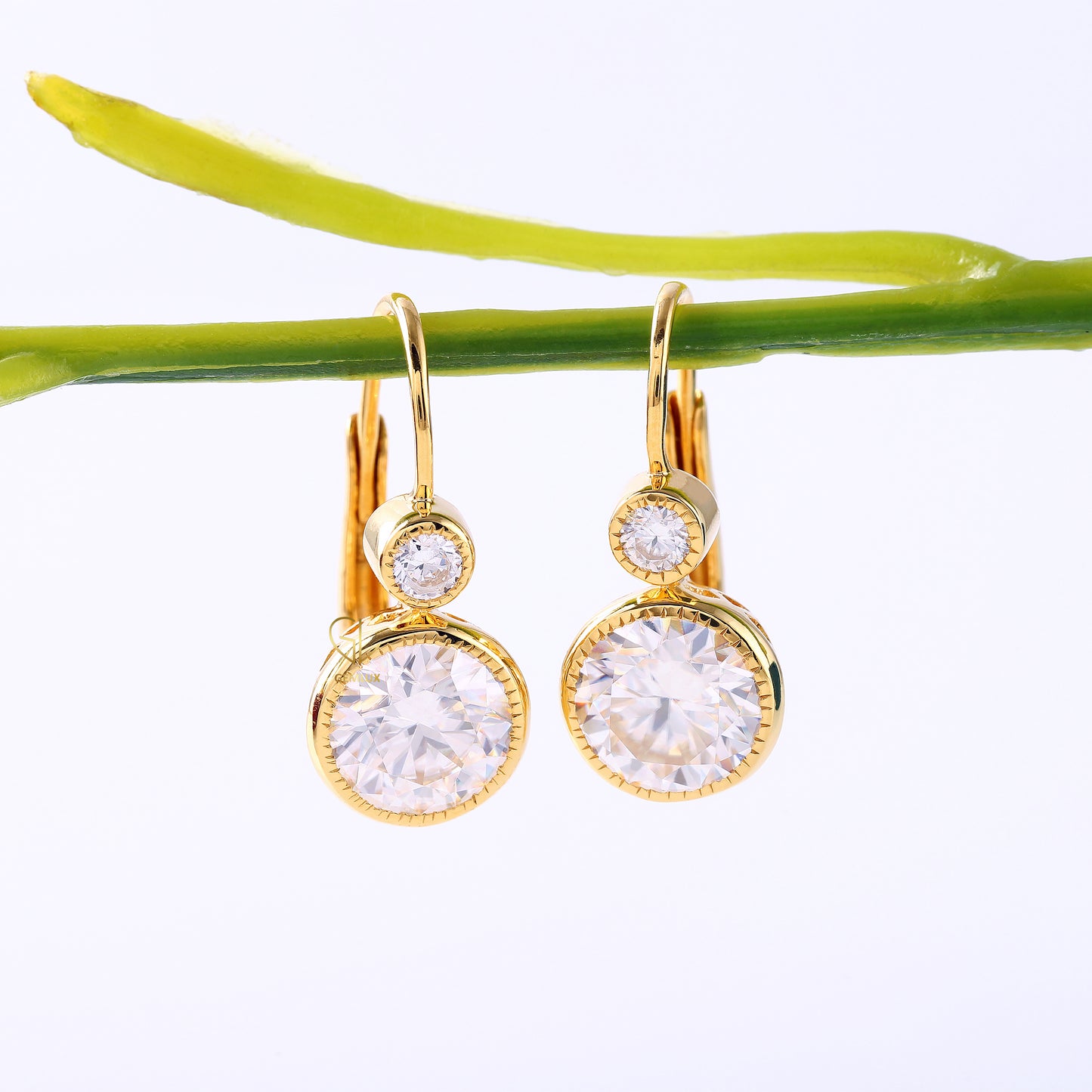 Art Deco Two Stone Round Moissanite Bezel Lever Back Earrings