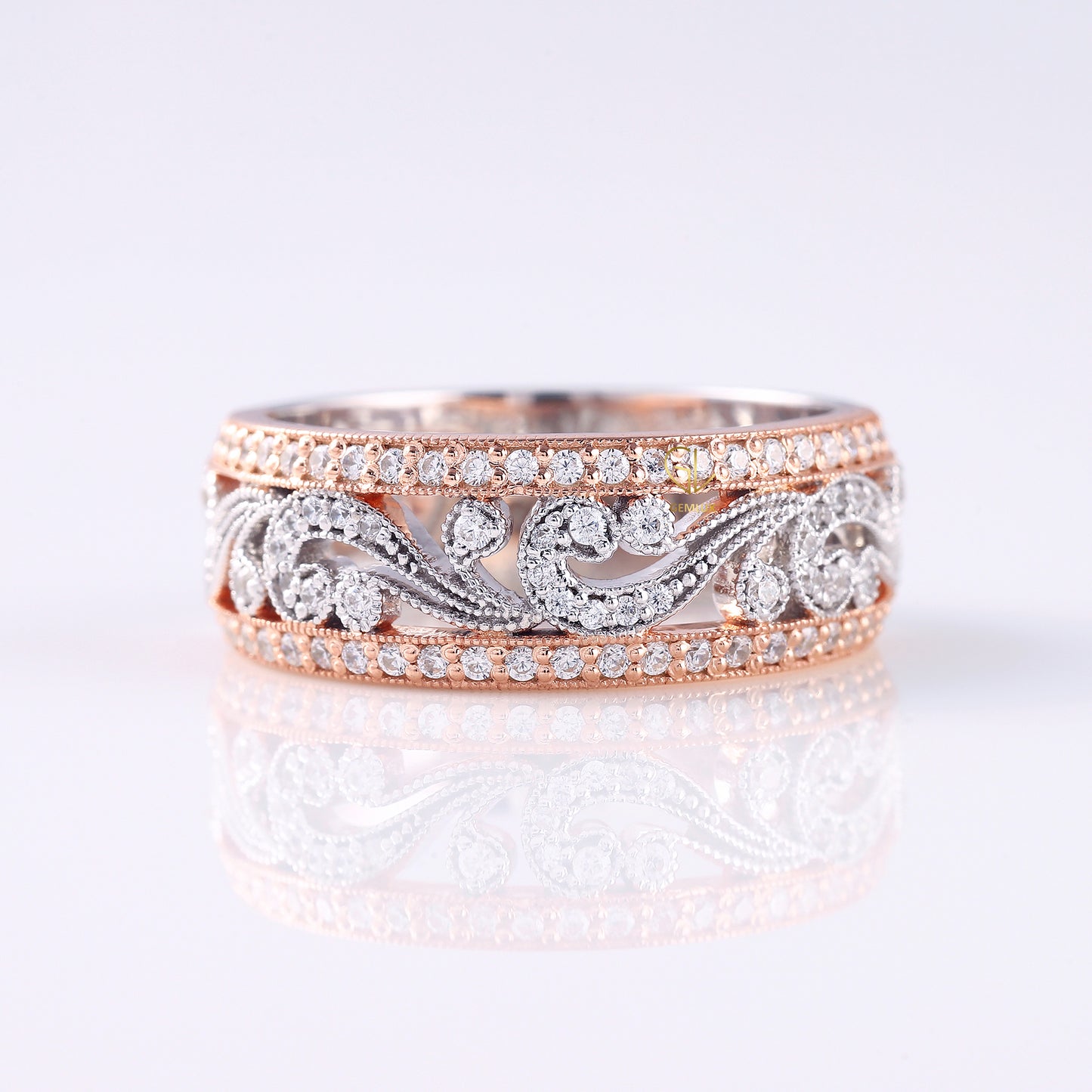 Vintage Inspired Filigree Moissanite Two Tone Wedding Band