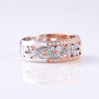 Vintage Inspired Filigree Moissanite Two Tone Wedding Band