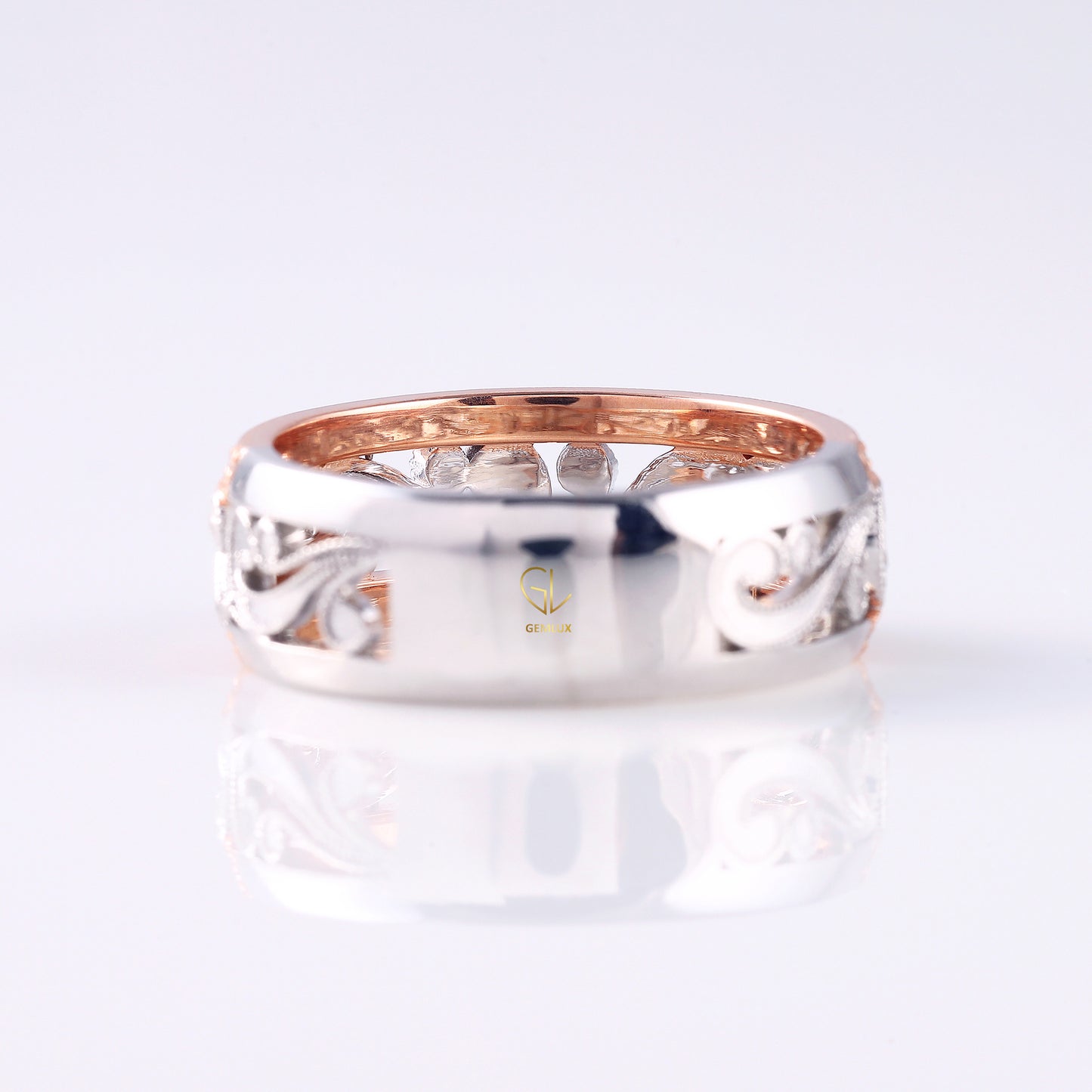 Vintage Inspired Filigree Moissanite Two Tone Wedding Band