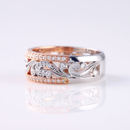 Vintage Inspired Filigree Moissanite Two Tone Wedding Band