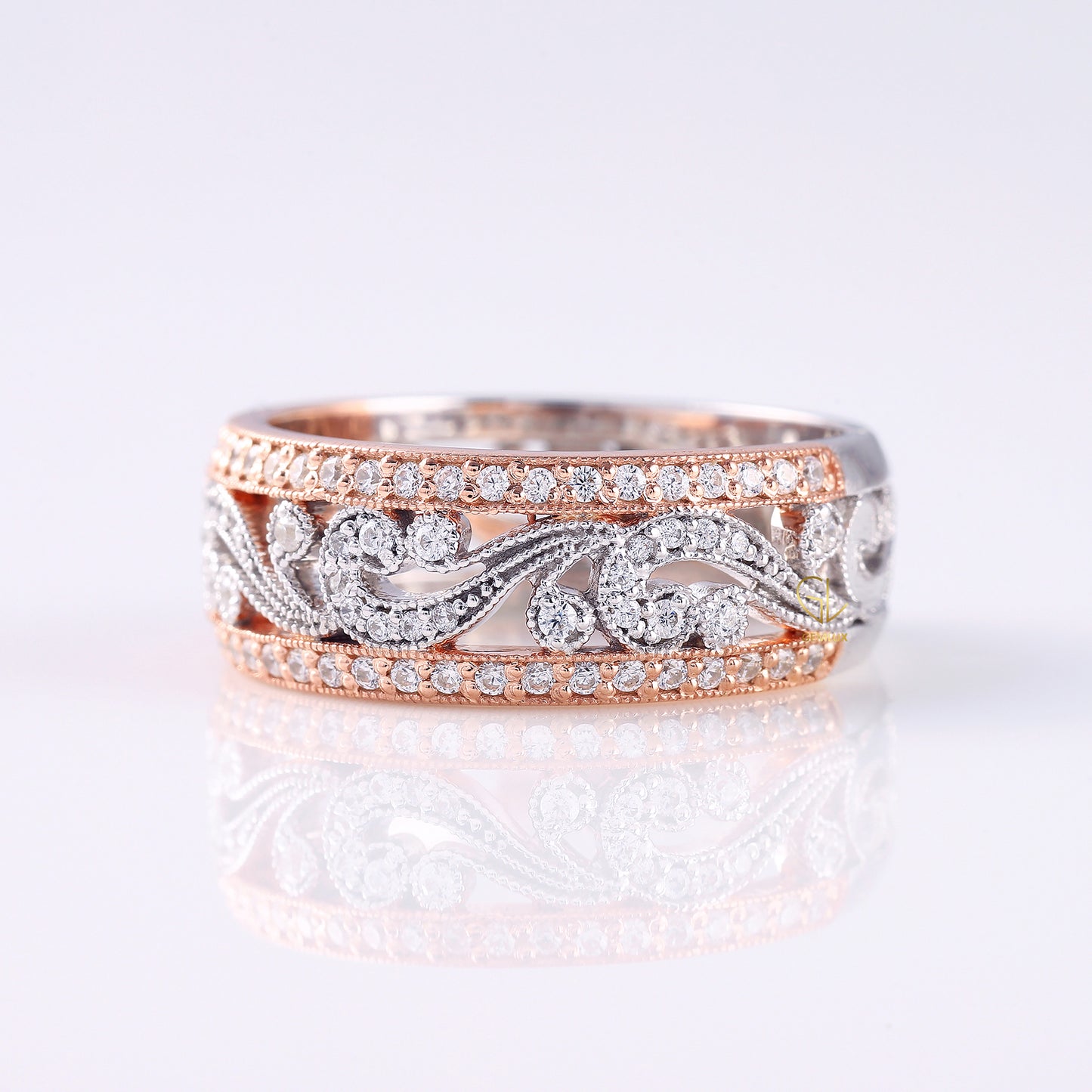 Vintage Inspired Filigree Moissanite Two Tone Wedding Band