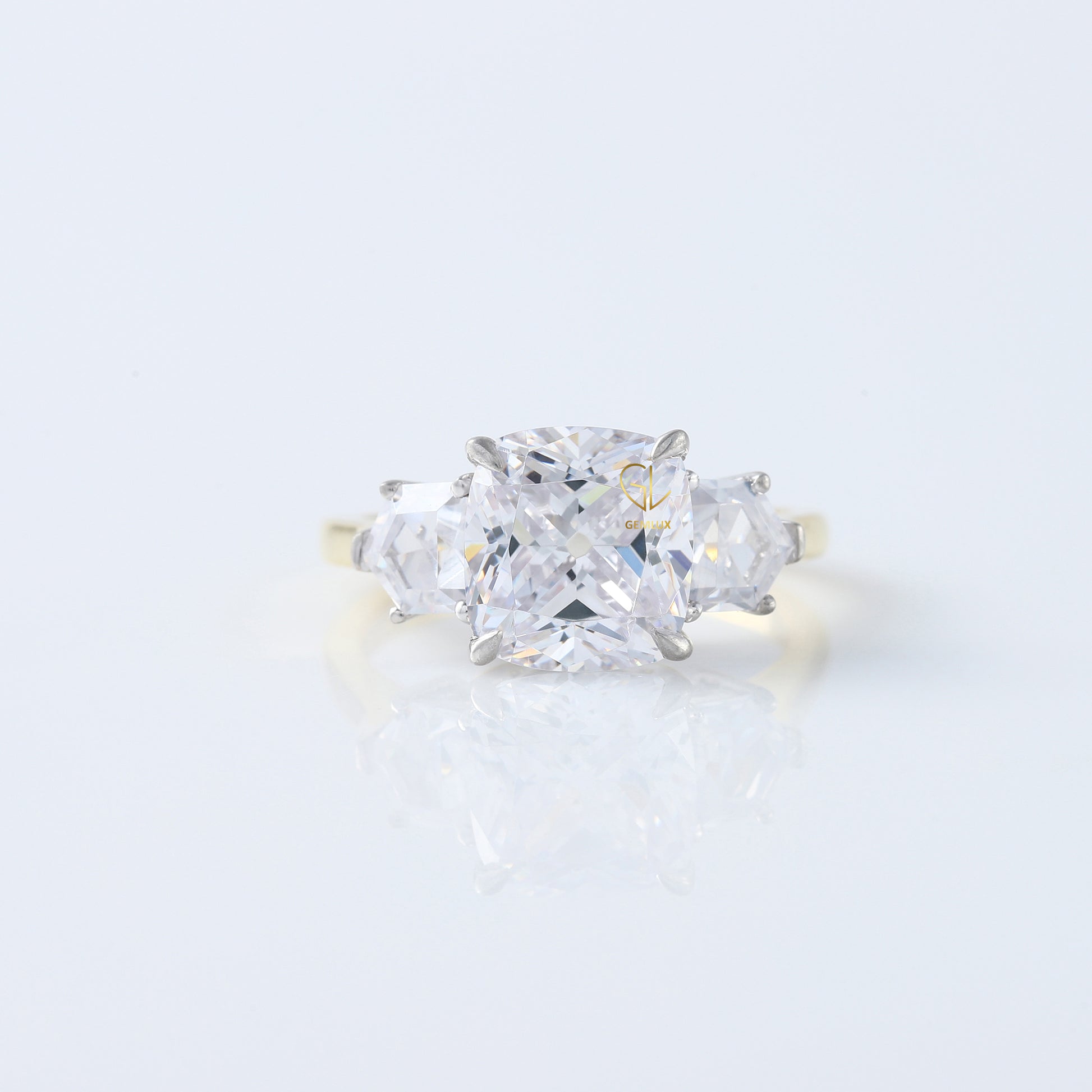 Three Stone Cushion Cut Moissanite Diamond Wedding Ring