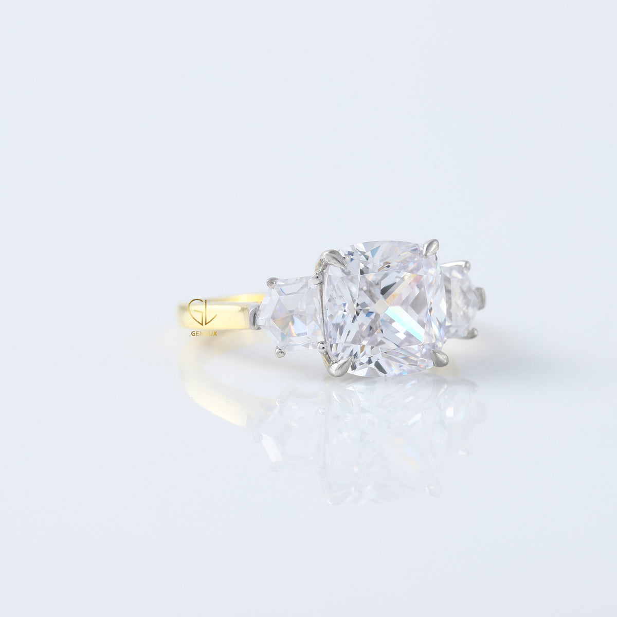 Three Stone Cushion Cut Moissanite Diamond Wedding Ring