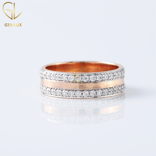 Eternity Band, Round Cut Moissanite Diamond Engagement Ring, 14k Rose Gold Two Tone Ring