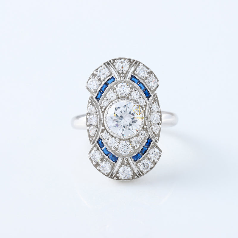 Art Deco Round Moissanite Bezel Set Ring
