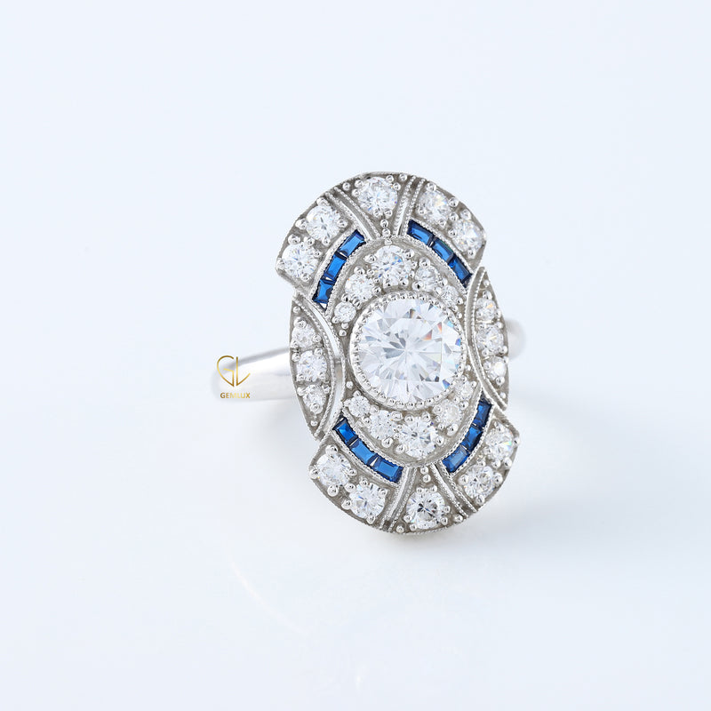 Art Deco Round Moissanite Bezel Set Ring