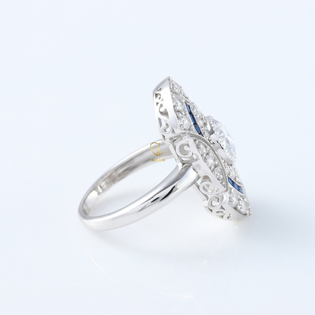 Art Deco Round Cut Moissanite Bezel Set Engagement Ring