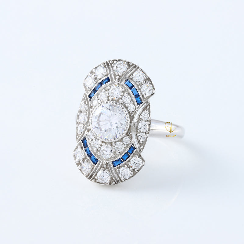 Art Deco Round Moissanite Bezel Set Ring