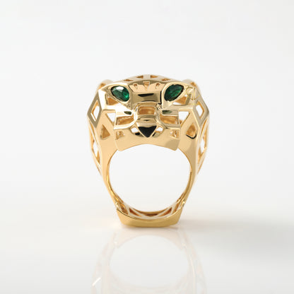 Solid Gold Green Eye Panther Ring - Animal-Inspired Design