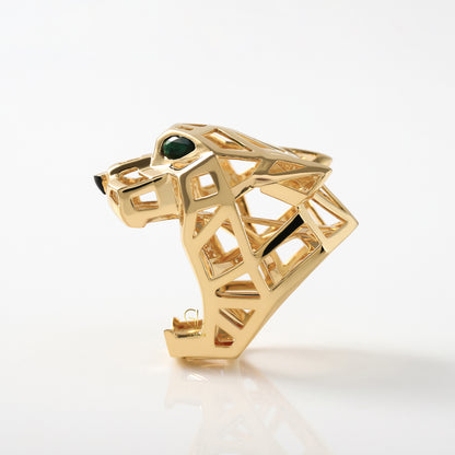 Solid Gold Green Eye Panther Ring - Animal-Inspired Design