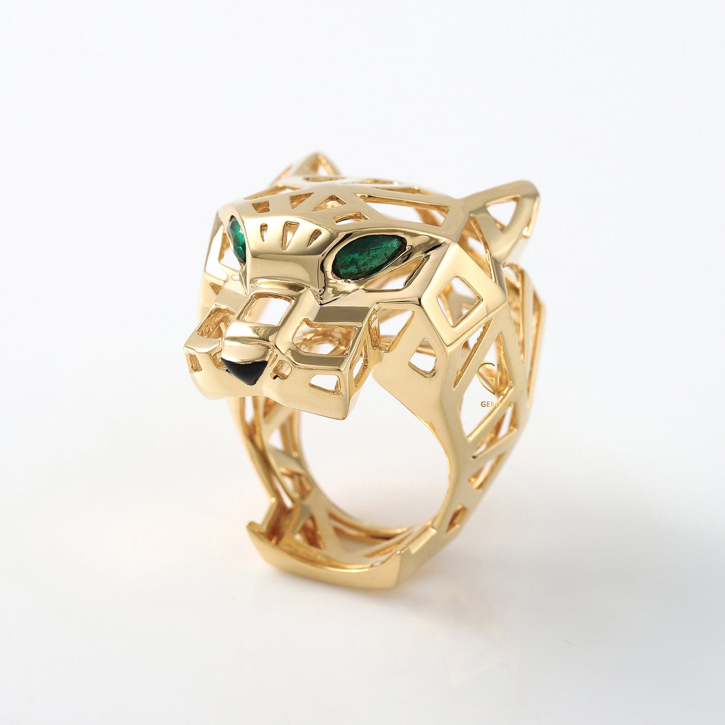 Solid Gold Green Eye Panther Ring - Animal-Inspired Design