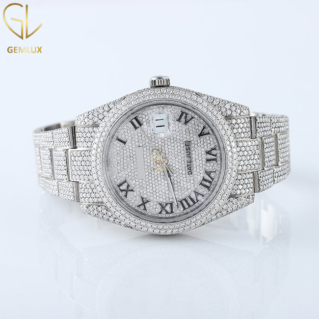 Iced Out Round Bezel Roman Dial Certified Lab Grown Diamond Watch