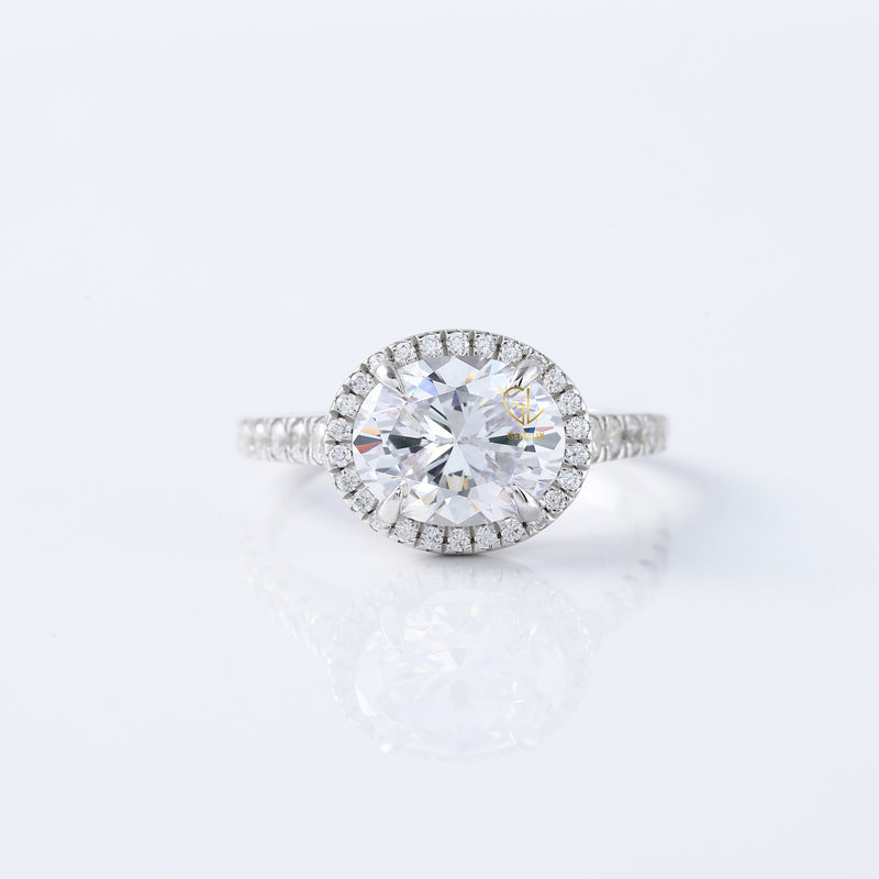 Oval Cut East West Moissanite Halo Engagement Ring