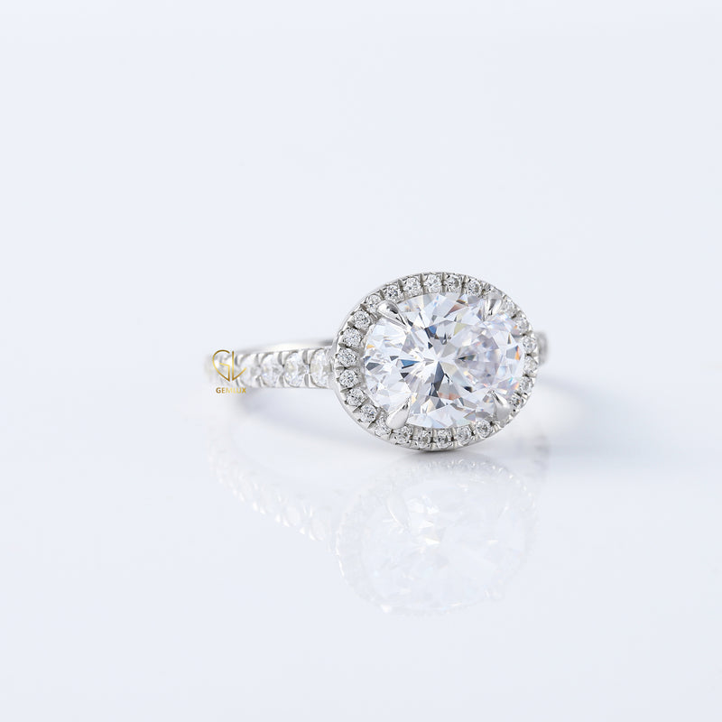 Oval Cut East West Moissanite Halo Engagement Ring