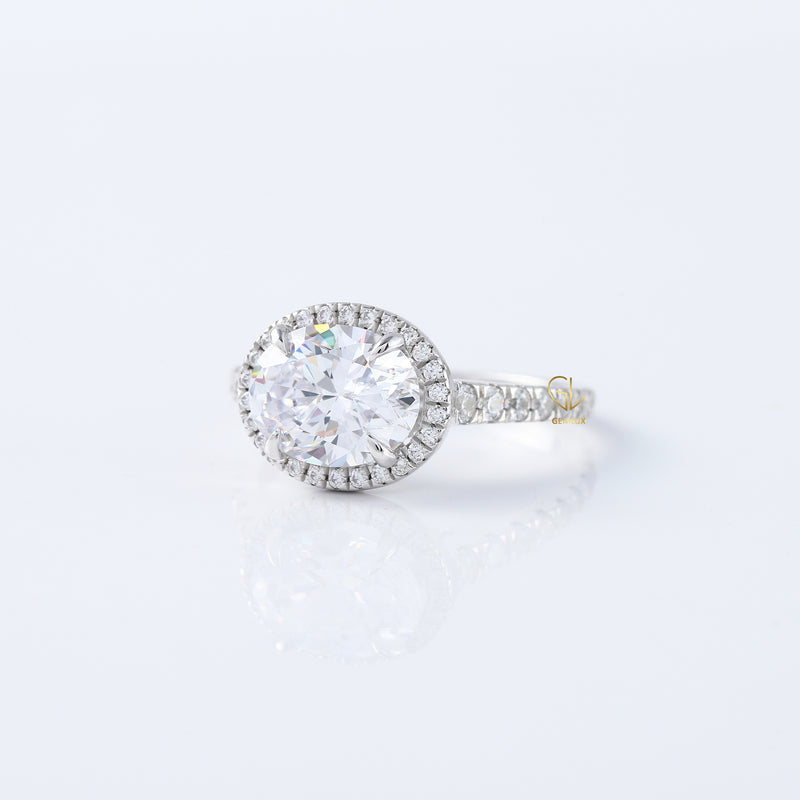 Oval Cut East West Moissanite Halo Engagement Ring