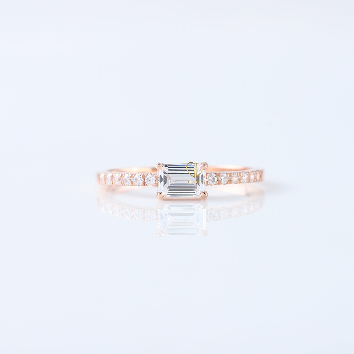 East to West Emerald Cut Moissanite Diamond Ring