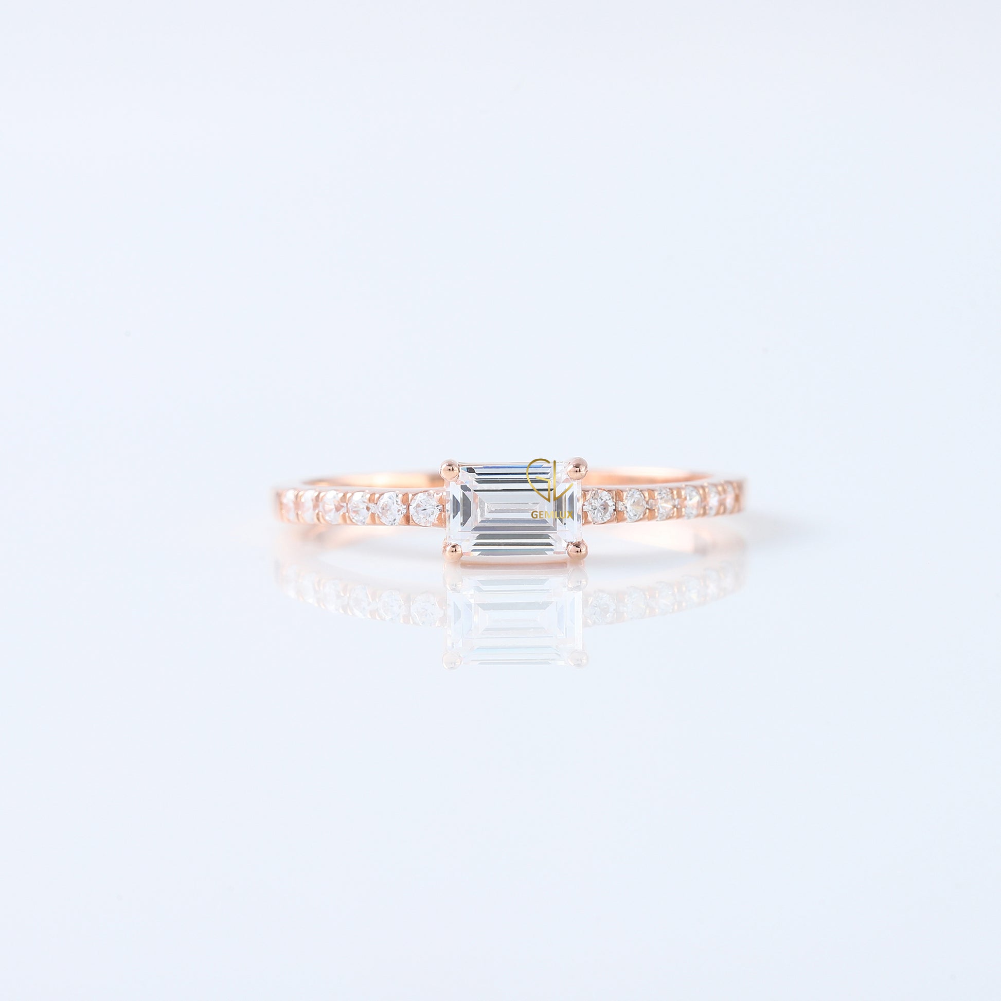 East to West Emerald Cut Moissanite Diamond Ring