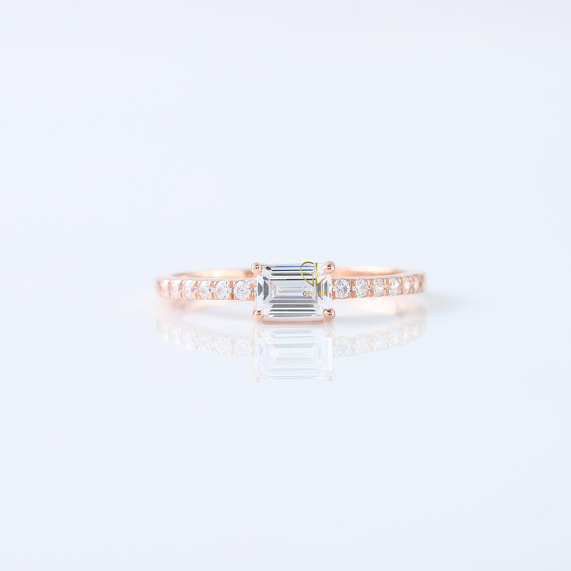 Emerald Cut East West Moissanite Accent Ring