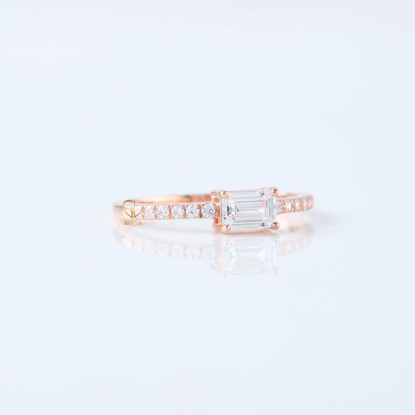 East to West Emerald Cut Moissanite Diamond Ring