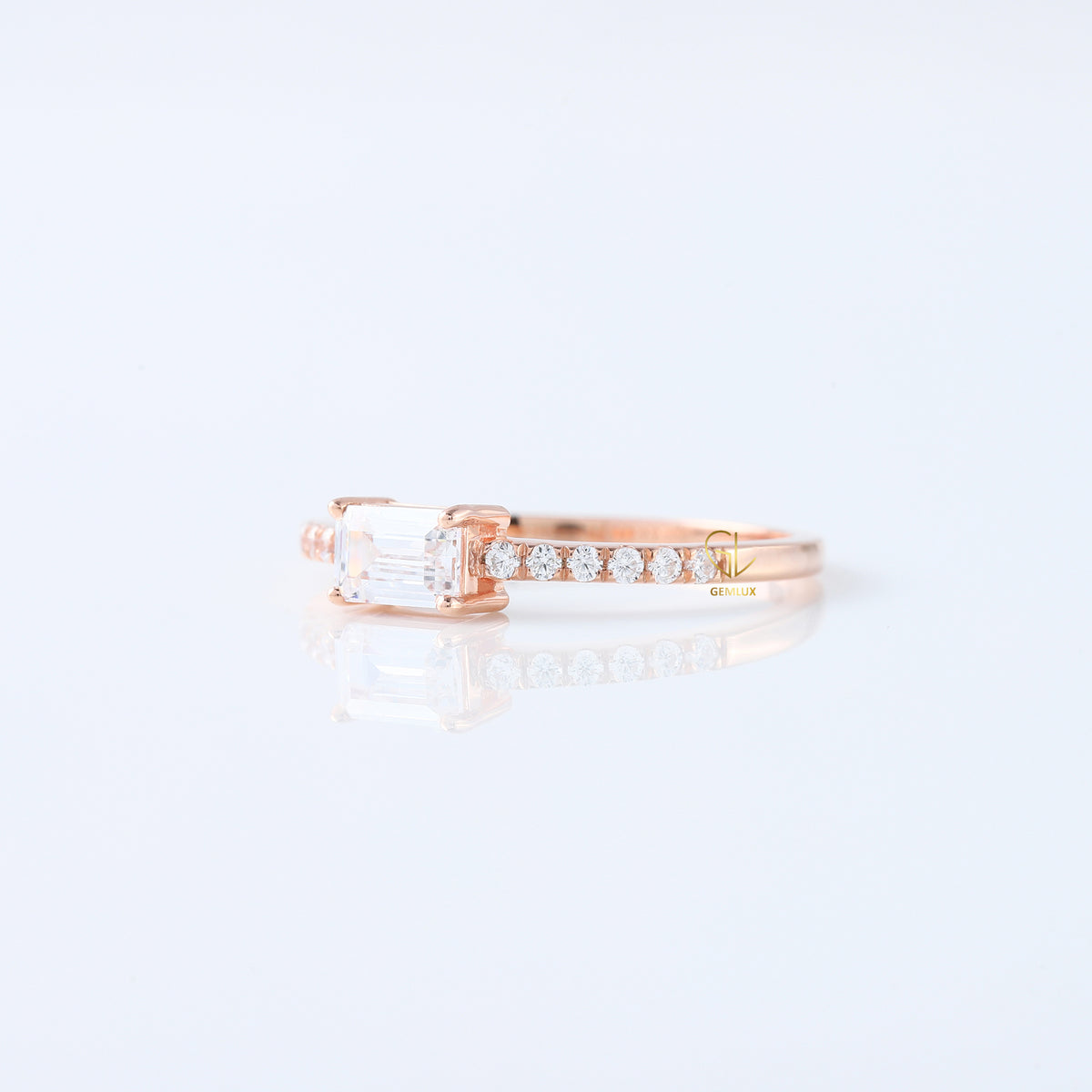 East to West Emerald Cut Moissanite Diamond Ring