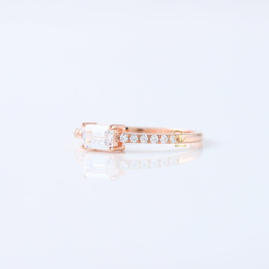 Emerald Cut East West Moissanite Accent Ring