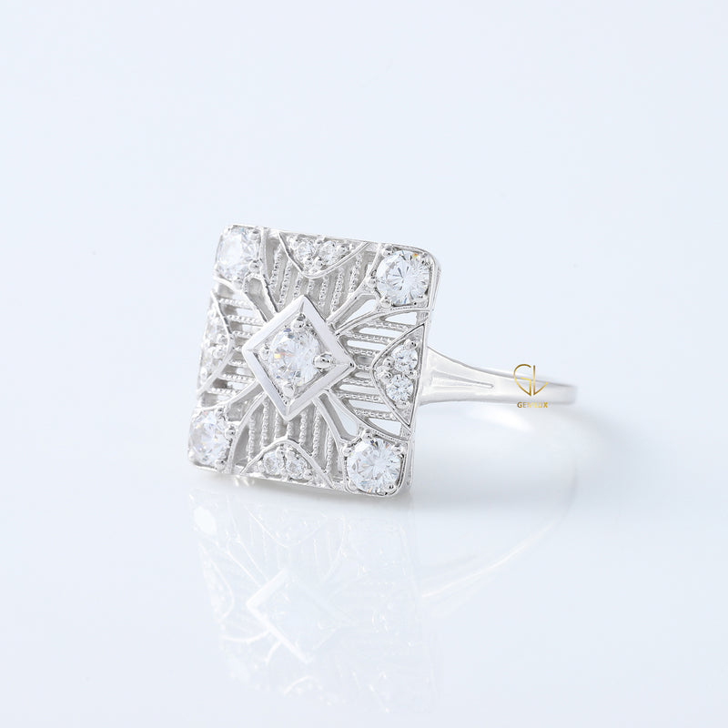 Art Deco Round Moissanite Engagement Ring - Filigree Design