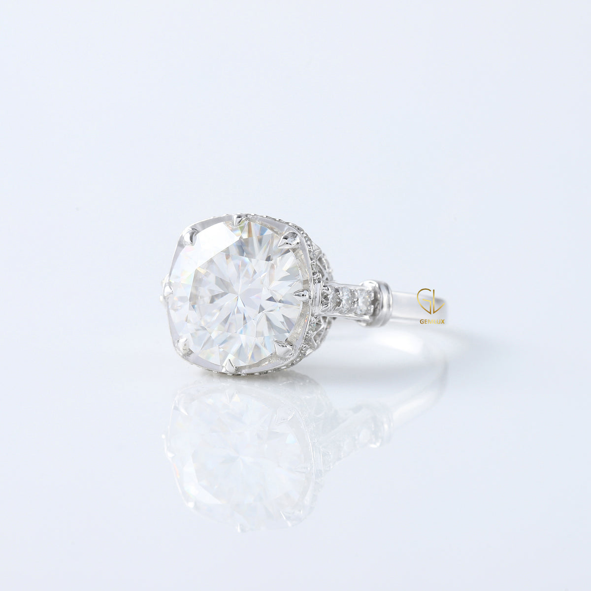 Art Deco Round Cut Moissanite Diamond Hidden Halo Engagement Ring