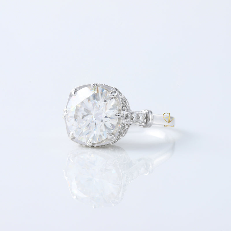 Art Deco Round Moissanite Hidden Halo Ring