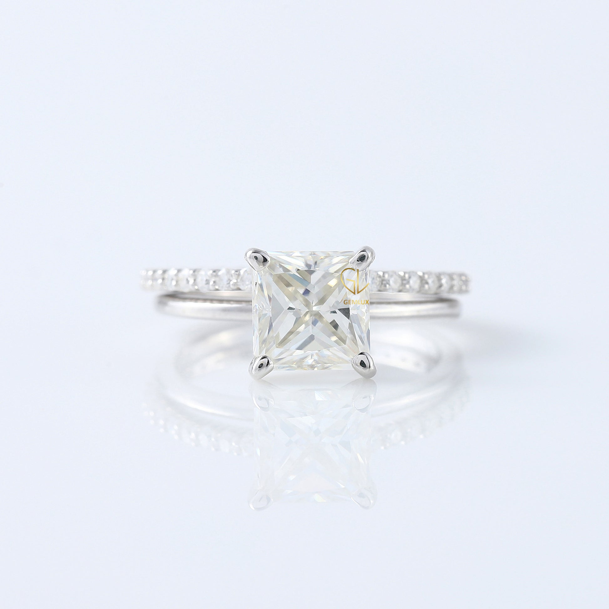 Princess Cut Moissanite Solitaire Diamond Ring With Matching Eternity Ring Set 