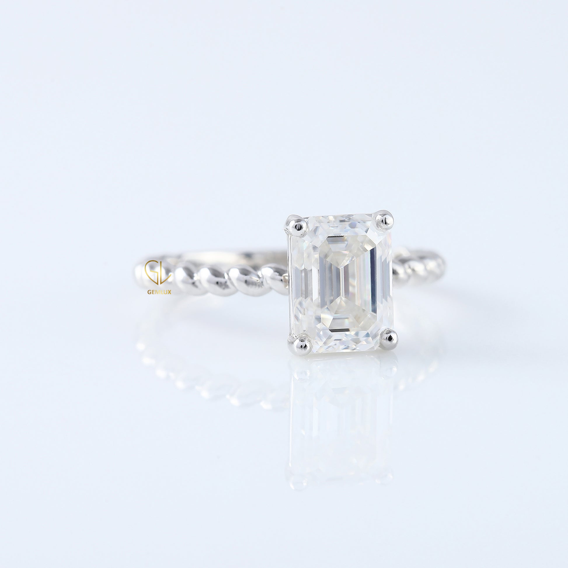 Twisted Emerald Cut Moissanite Solitaire Rope Braided Ring