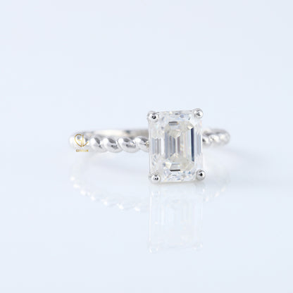 Twisted Emerald Cut Lab Grown Solitaire Rope Ring