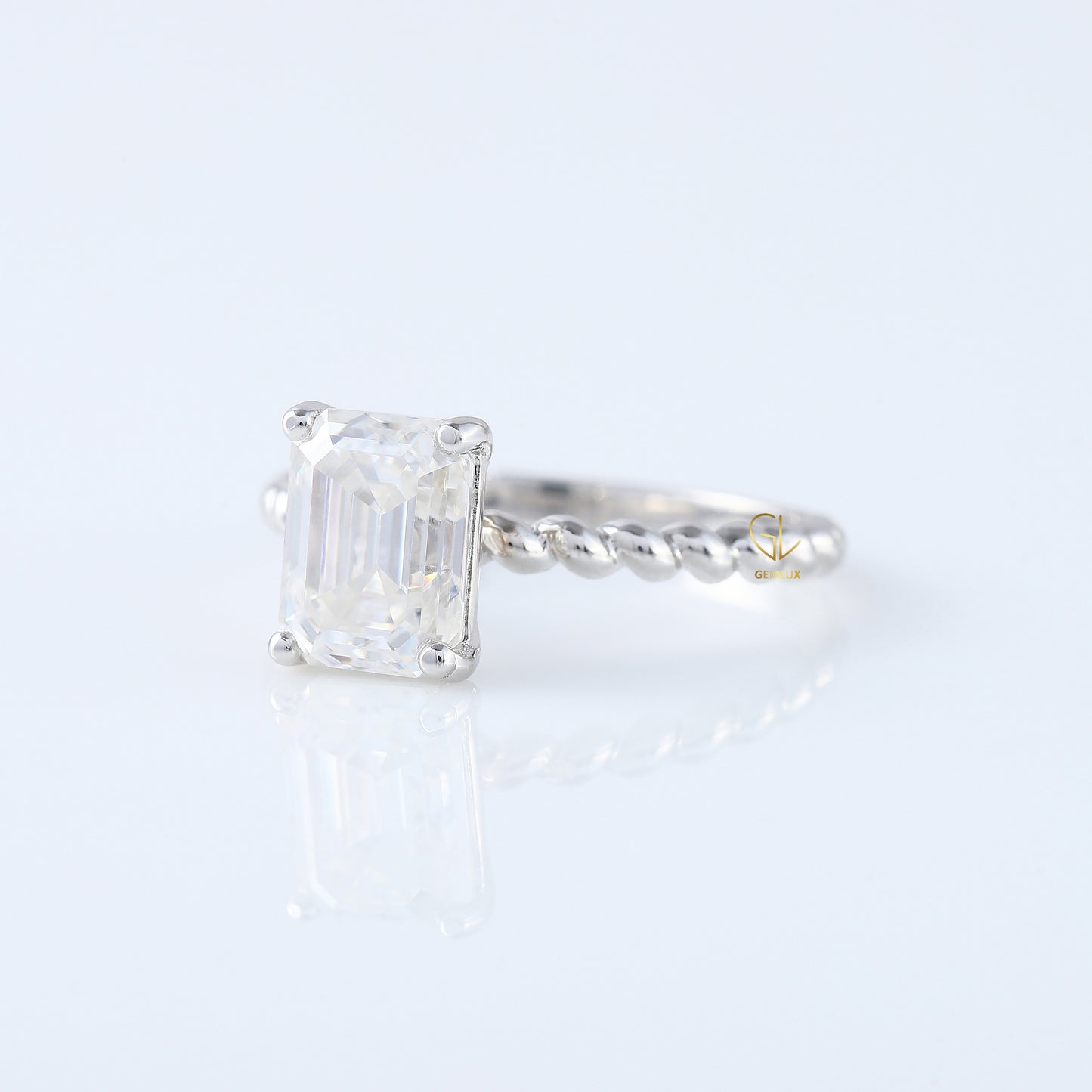 Twisted Emerald Cut Moissanite Solitaire Rope Braided Ring