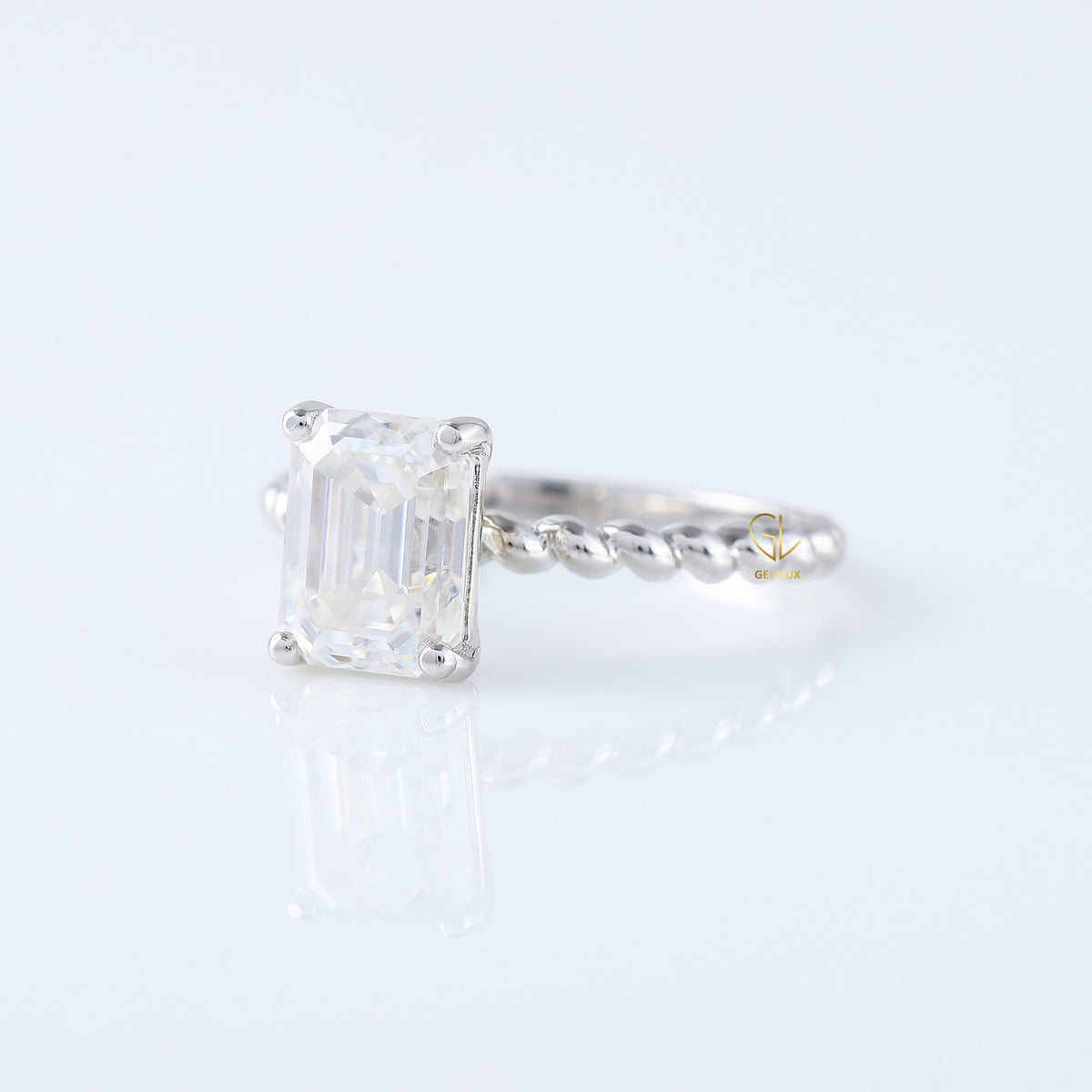 Twisted Emerald Cut Lab Grown Solitaire Rope Ring