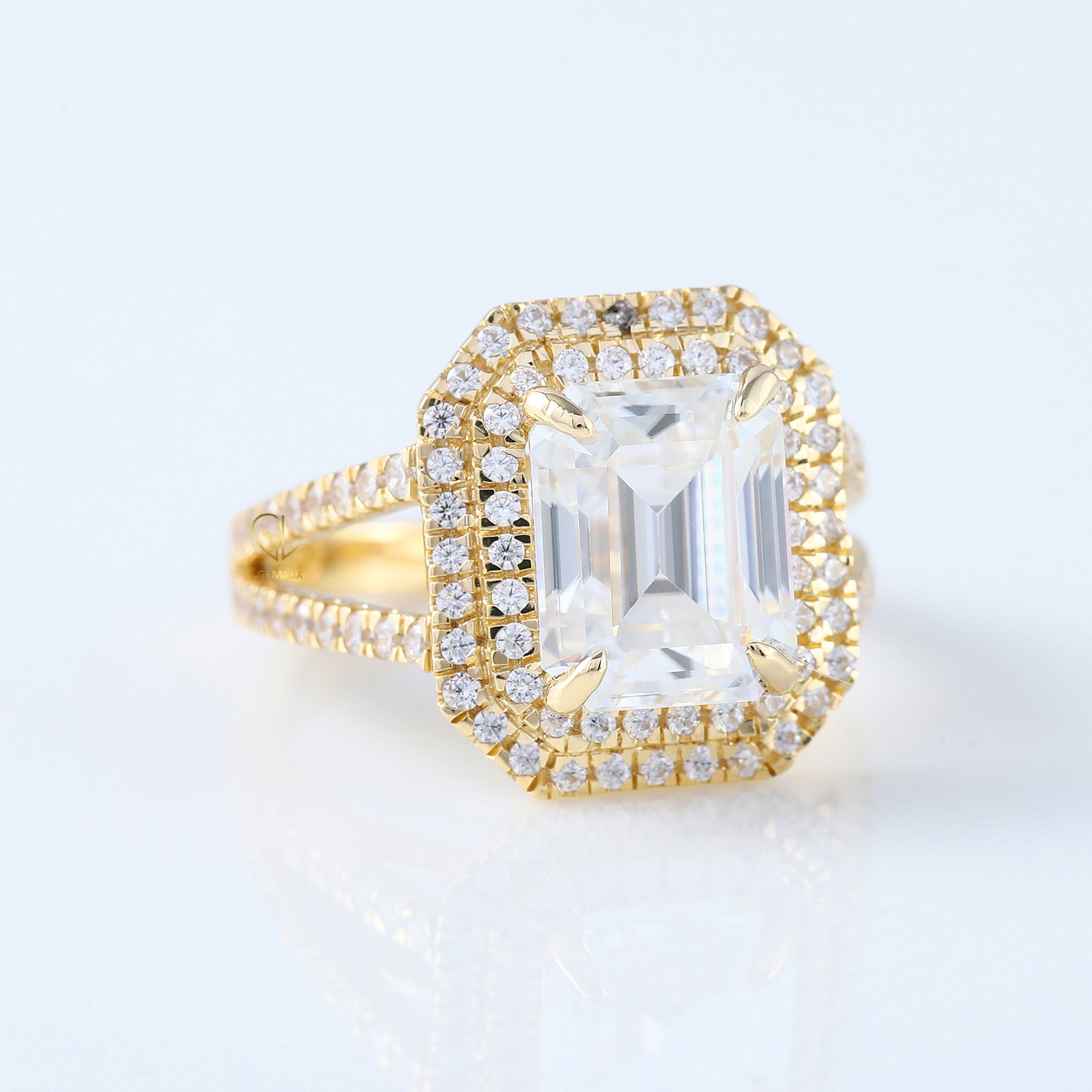Split Shank Emerald Moissanite Double Halo Ring