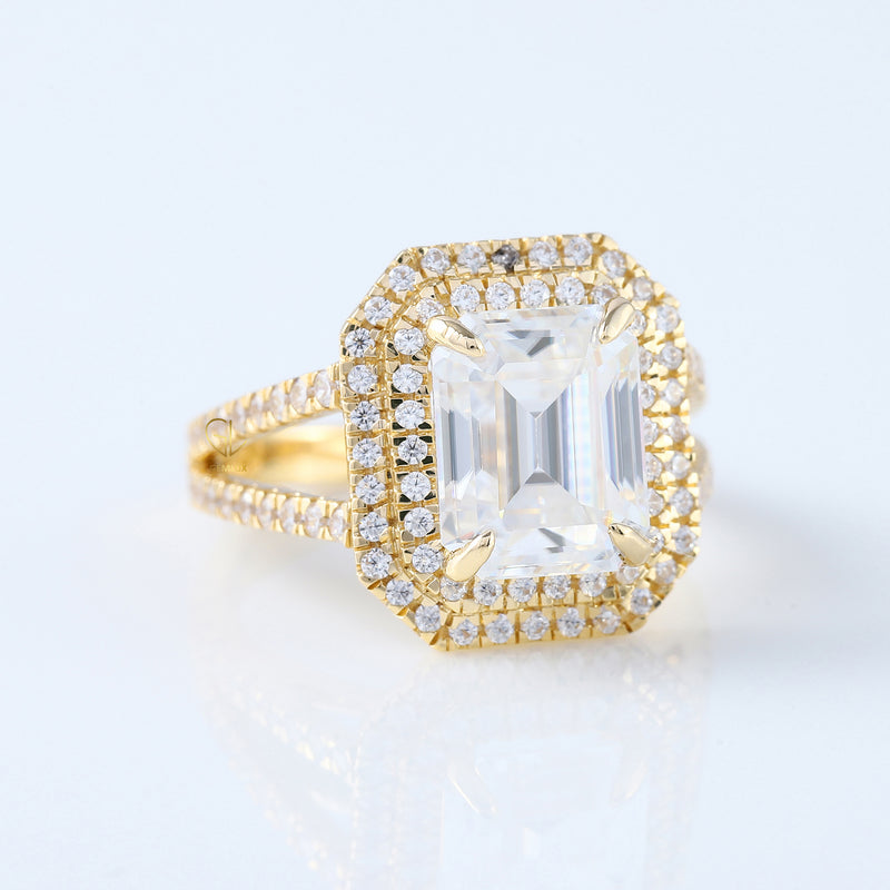 Split Shank Emerald Moissanite Double Halo Ring