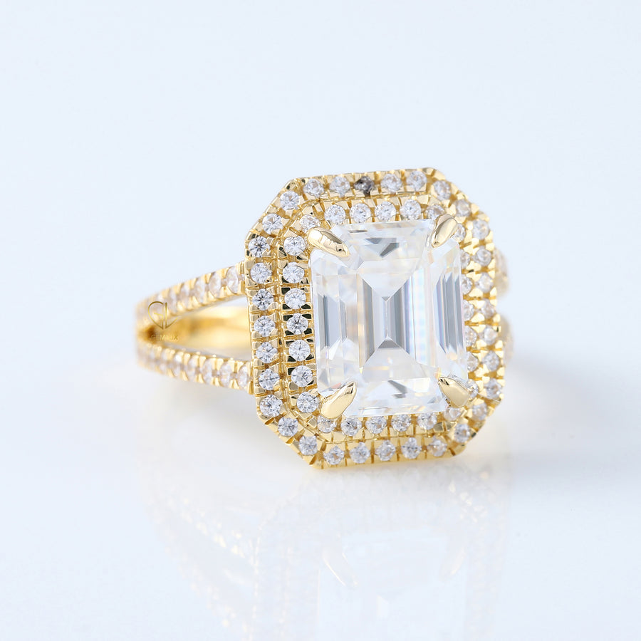 Split Shank Emerald Moissanite Double Halo Ring
