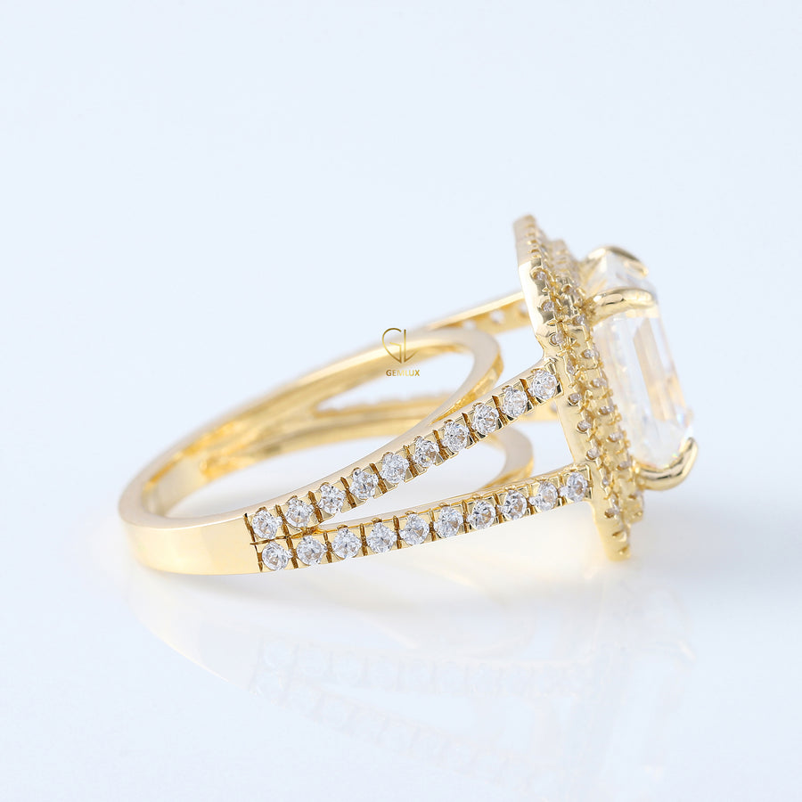 Split Shank Emerald Moissanite Double Halo Ring