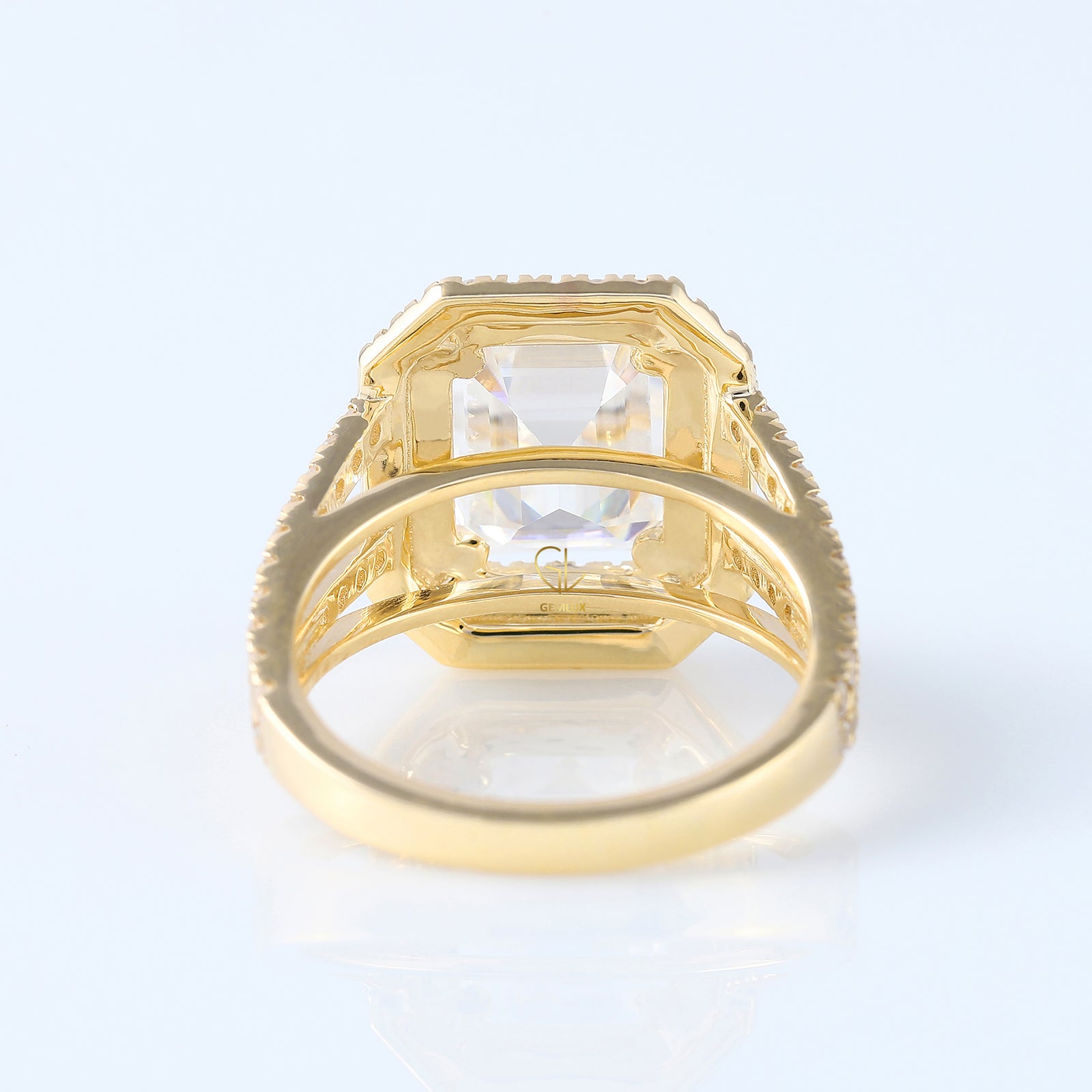 Split Shank Emerald Moissanite Double Halo Ring