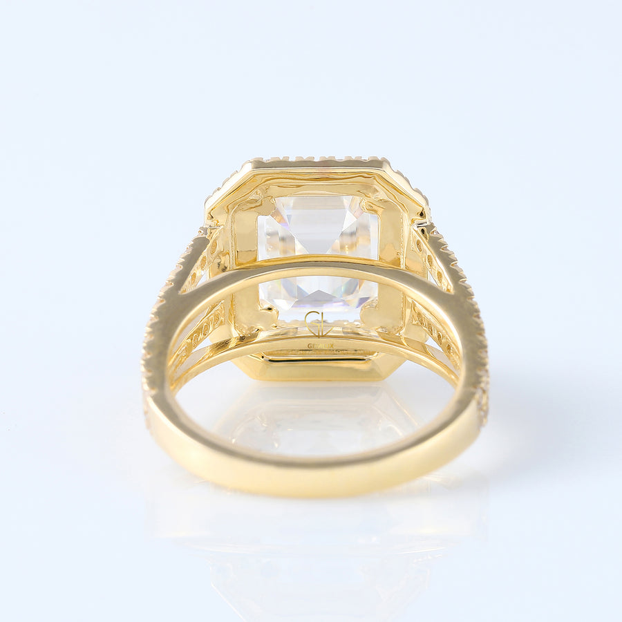 Split Shank Emerald Moissanite Double Halo Ring