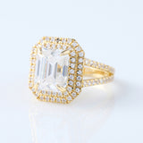 Split Shank Emerald Moissanite Double Halo Ring
