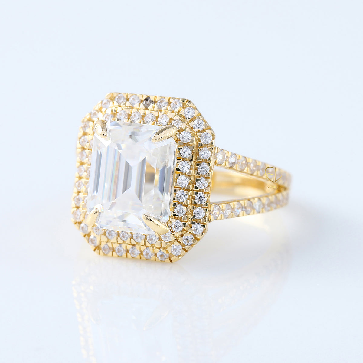 Split Shank Emerald Moissanite Double Halo Ring