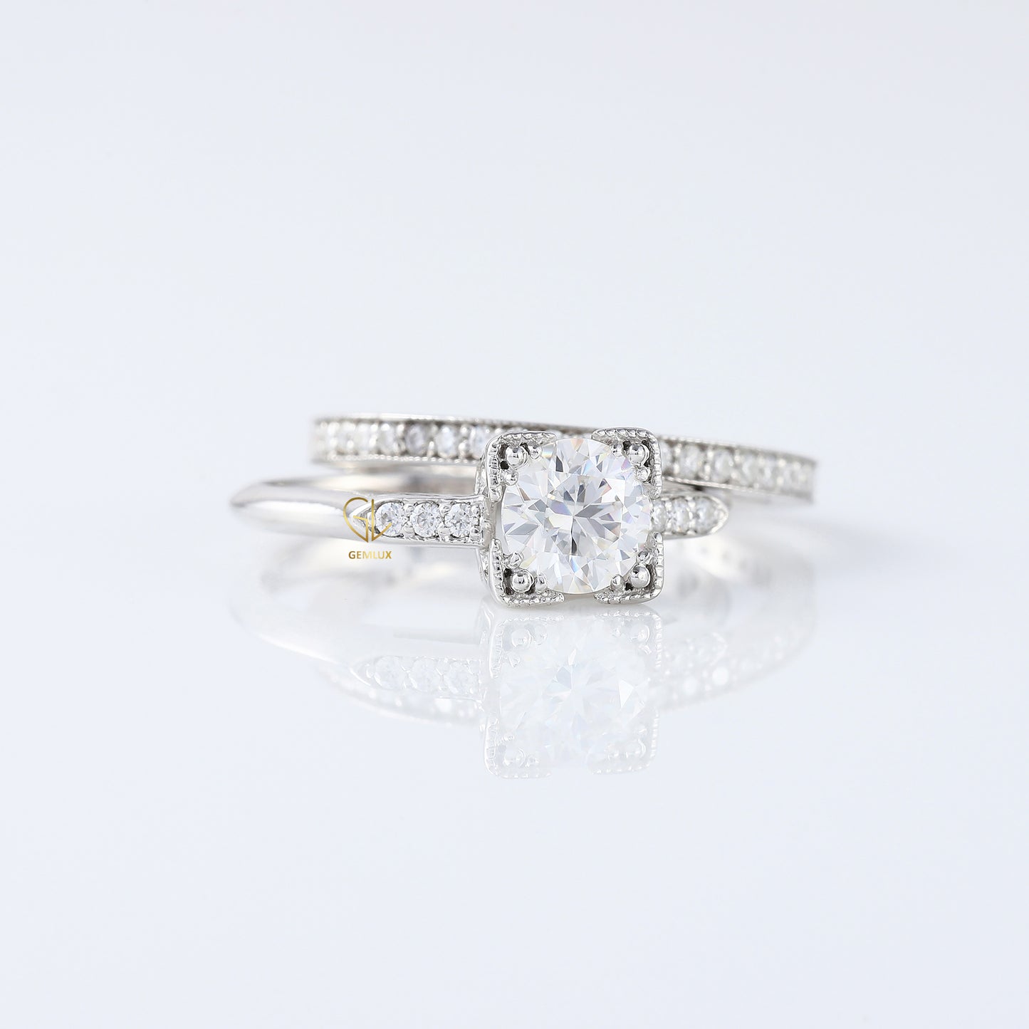 Round Moissanite Art Deco Milgrain Bridal Ring Set