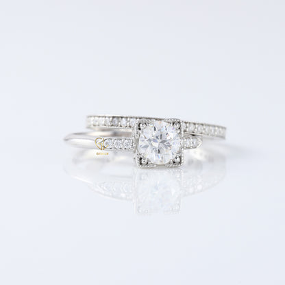 Round Moissanite Art Deco Milgrain Bridal Ring Set