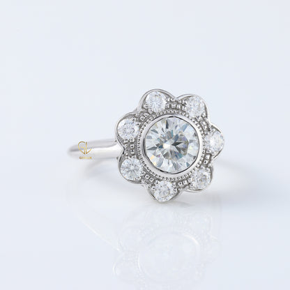 Floral Halo Bezel Set Round Moissanite Vintage Ring