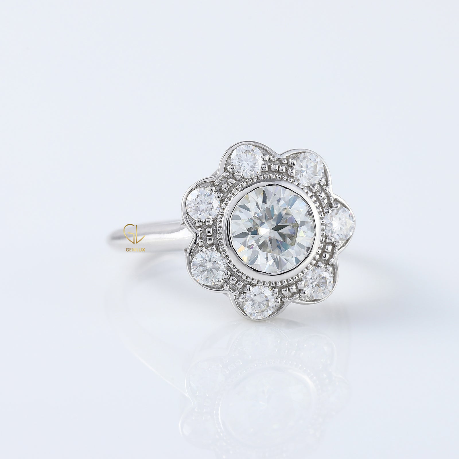 Heart & Arrows Round Lab Grown Diamond Bezel Set Floral Halo Vintage Engagement Ring